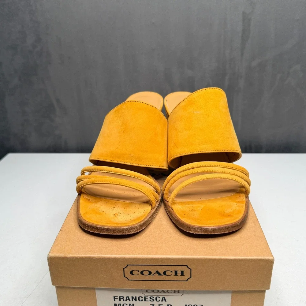 Coach Francesca Mules Women 7.5B Marigold Yellow Suede Block Heel Made in Italy